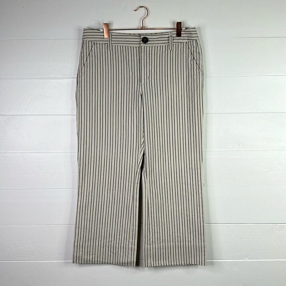 CABI Cream Blue Striped Wide Leg Cropped Trouser Pants Bottoms Size 6‎